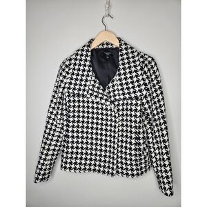 Talbots Blazer Houndstooth 12P Wool Blend Moto Style Preppy Academia Jacket Chic